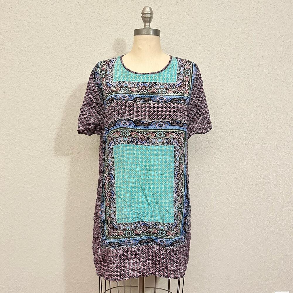 TOLANI Mini Dress Multicolor Geometric Silk Short Sleeve Artsy Boho